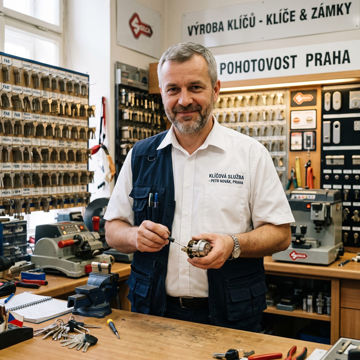 DoctorKeyMaster locksmith in his Prague workshop, servicing a lock cylinder